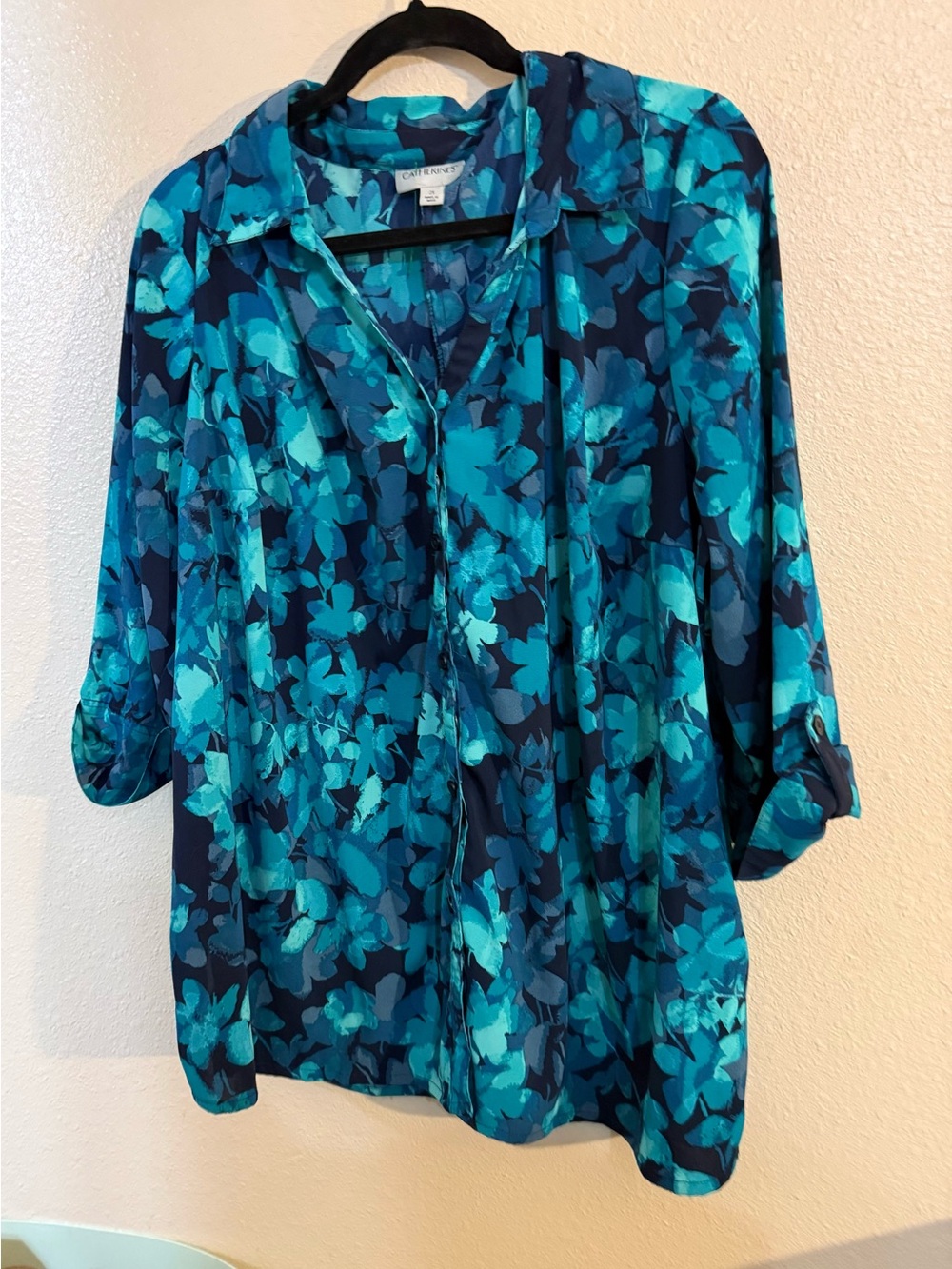Catherines Teal & Navy  Button-Front Blouse rolled up sleeves 2X beautiful